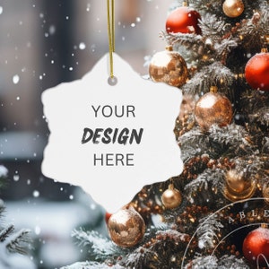 Christmas Ornament Mockup Holiday White Snowflake Ceramic Ornament Christmas Tree Snow Decoration Ornament Mockup Holiday Christmas Mockup
