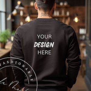 Black Gildan 18000 Back side Men&#39;s Mockup Male Back Black Gildan Mockup 18000 Manly Dude Lifestyle Guy Street Style Black Sweater Mockup