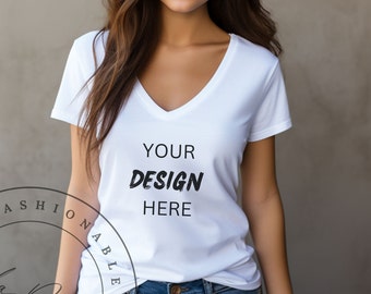 V-Neck Mockup White Gildan 5V00L Deep V-Neck Women&#39;s T-Shirt Mockup Elegant Girl Vneck Feminine Girl with Jeans Fall Lifestyle Shirt Mockup