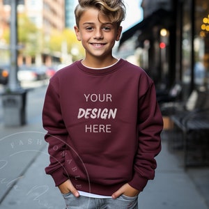 Kids Mockup Maroon Gildan 18000B Boys Crew Neck Mockup Kids Toddler Lifestyle Mockup Child Maroon Sweatshirt Kids Outdoor Sweater Mockup
