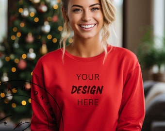 Weihnachten Mockup Red JERZEES 562MR Mockup Womens Red Christmas Sweater Mockup Red Crewneck Lifestyle Weihnachten Ferienzeit Shirt Mockup