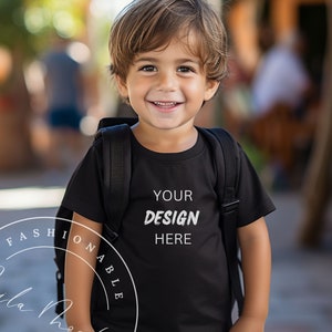 Kids T-Shirt Mockup Black Gildan 5000B Mockup Back to School Mockup School Child Shirt Mockup School Backpack Mockup Fall Boy Kids Mocks