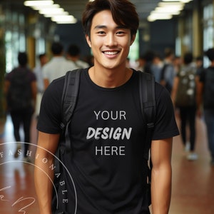 High School Kids T-Shirt Mockup Black Boys Crew Tee Mockup College Student Fall Back to School Sports Asian Kids Diverse Model Teenager