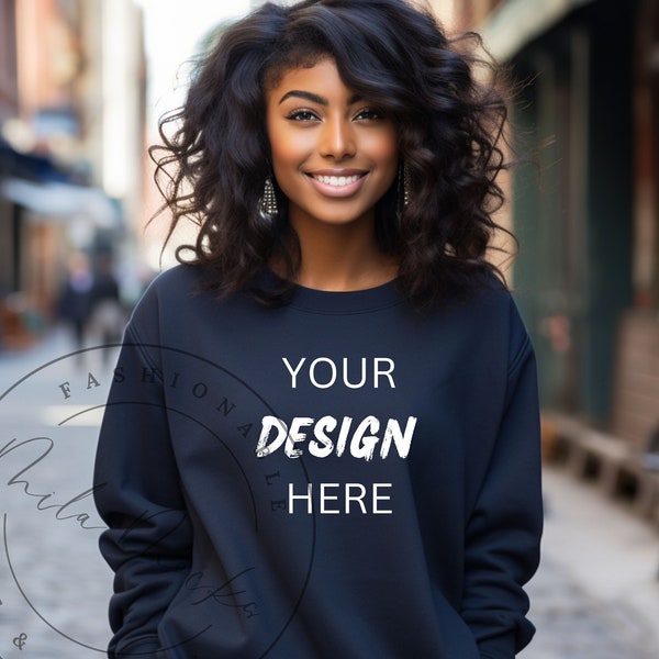 Navy Gildan 18000 Mockup, Navy Oversized Gildan Sweatshirt Mockup, Navy Gildan Sweatshirt Model Mockup, Black Model Pretty Curly Hair Mockup