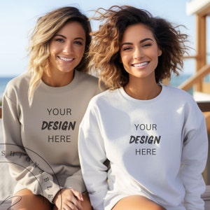 Girls Group Mockup Girls Friends Sand Beige White Gildan 18000 Group Mockup Women's Oversized Beige Mockup Bridesmaids Ladies Group Mockup