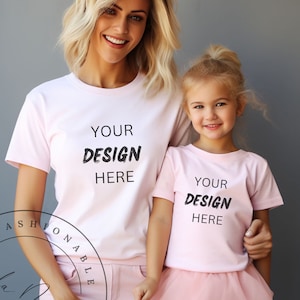 Mommy and Me Light Pink Gildan Mockup Little Dance Girl with Leotard T-Shirt Mockup Family Mockup Group Gildan Pink Baby Girl Doll Pink Mock
