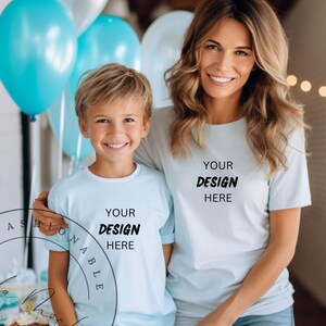 Mommy and Me Light Blue Gildan 5000B/5000 Mockup Birthday Boy Mockup Boys Mockup Family Mockup Group Mockup Parent and Child Kids Mockup