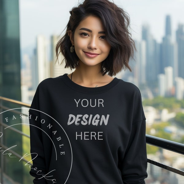 Black Gildan 18000 Women's Mockup Asian Women Gildan Mockup 18000 Asian Model Black Crew Neck Shirt Mockup Gamer K-Pop K-Drama Street Style