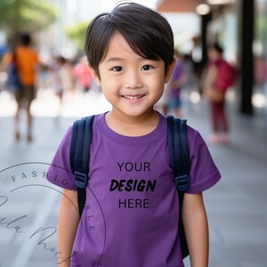 Kids Mockup Team Purple Bella Canvas 3001Y/ 3001T Mockup Boys Mockup Back to school Mockup School Kids with Backpack Asian Child Mockup Fall