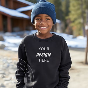 Black Gildan 18000B Shirt Mockup Winter Boy Black Sweatshirt Beanie Hat Mockup Kids Halloween Mockup Child Trick Treat Shirt Diverse Mockup