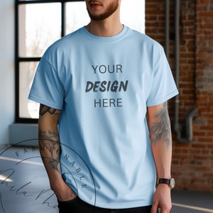 Chambray Comfort Colors 1717 T-Shirt Mockup Male Model Chambray Light Blue Comfort Colors Lifestyle Mockup Manly Tattoo Comfort Colors Mocks