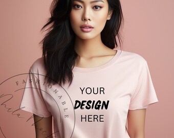 Light Pink Bella 3001 Asian Model Mockup Pink Doll Bella Canvas Mockup Soft Pink T-Shirt Mockup  Japanese Girl Mockup KPop Kdrama Anime