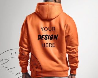 May include: A bright orange hoodie with a black print that says "YOUR DESIGN HERE" on the back.
