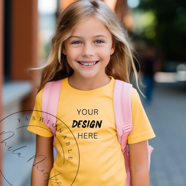 Kids T-Shirt Mockup Gold Yellow Mockup Back to School Kids Mockup Child Yellow Shirt Mockup School Girl Backpack Mockup Toddler Backpack