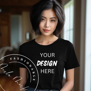 Black Bella Canvas 3001 Mockup, Black T-Shirt Mockup, Black Tee Model Mockup, Asian Model Japanese T-Shirt Model Mockup, Asian Model Mockup