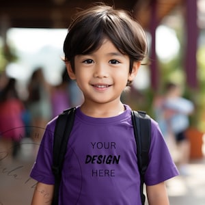 Team Purple Bella Canvas 3001Y/ 3001T Mockup Boys Mockup Purple T-Shirt Boys Mockup Back to school Mockup Kids T-Shirt Asian Child Mockup
