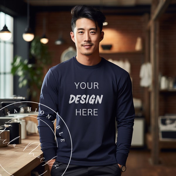 Navy Bella Canvas 3501 Men's Long Sleeve Shirt Mockup Asian Men Mockup Bella 3501 Navy Blue Mockup Asian Model Guy Mockup Diverse Mockup