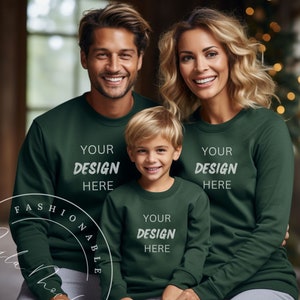 Christmas Couple Mockup Family Group Mockup Forest Green Gildan 18000 Mockup Christmas Couple Mockup Holiday Season Christmas Family Mockup
