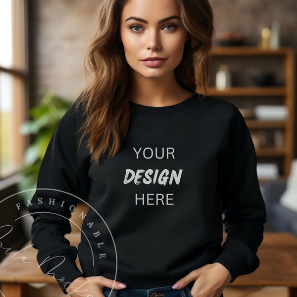 Black Jerzees 562MR Crew Neck Mockup Black Woman Shirt Mockup Fall Woman Female Black Sweatshirt Mockup Lady Lifestyle Black Sweater Mockup