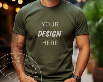 Olive Bella Canvas 3001 Men's T-Shirt Mockup Male Model Lifestyle Mockup Guys Bella Canvas 3001 Green Tee Fall Dude Lifestyle Tee Mockup
