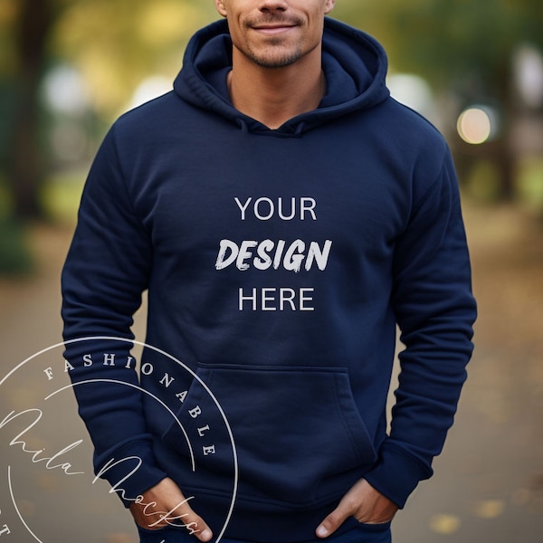 Navy Gildan 18500 Men's Hoodie Mockup Navy Blue Male Gildan Mockup 18500 Hoodie Mockup Men Fall Lifestyle Outdoor Hoodie Guy Dude Mockup