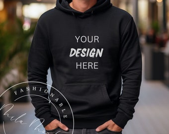 Black Gildan 18500 Men&#39;s Hoodie Mockup Male Gildan Mockup 18500 Hoodie Mockup Fall Guy Lifestyle Street Mockup Computer Gamer Anime Mockup