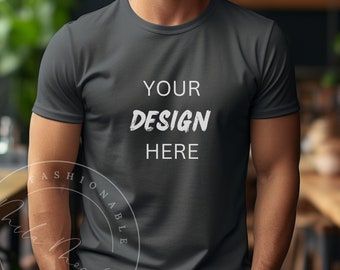 Asphalt Bella Canvas 3001 Men's T-Shirt Mockup Male Model Lifestyle Mockup Manly Mens Bella Canvas 3001 Dark Grey Tee Fall Dude Tattoo Shirt