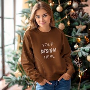Cocoa Gildan SF000 Mockup Christmas SF000 Womens Sweater Mockup Holiday Festive Shirt Female Gildan Shirt Mockup Light Brown Christmas Shirt