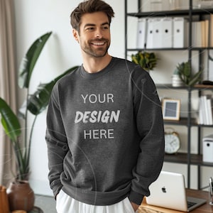 Dark Heather Gildan SF000 Mockup Mens Dark Heather Grey Sweatshirt Mockup Male Guys Manly Lifestyle Casual Grey Sweater Home Office POD Mock