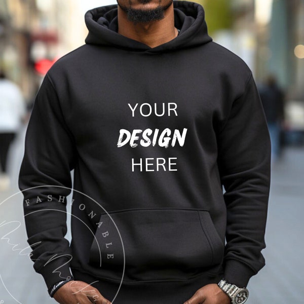 Black Gildan 18500 Men's Hoodie Mockup Male Gildan Mockup 18500 Hoodie Mockup Fall Guy Lifestyle Street Mockup Computer Gamer Anime Mockup