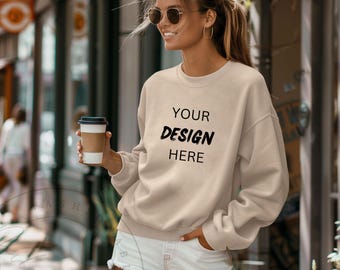 Sand Gildan SF000 Mockup Gildan Beige Sweatshirt Womens Mockup Midweight Crewneck Sweater Mockup GSF000 Street Style Model Lifestyle Mockup