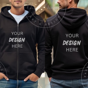 Könnte beinhalten: Schwarzer Kapuzenpullover mit Reißverschluss. Die Vorder- und Rückseite des Pullovers haben den Text "YOUR DESIGN HERE" in Weiß gedruckt.
