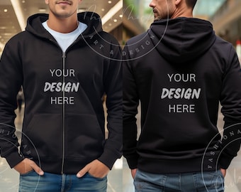 Black Gildan 18600 Mens Fully Zipped Front Back Hoodie Mockup Male Zip Up Back Front Hoodie Mockup Manly Male Black Zip Up Lifestyle Hoodie