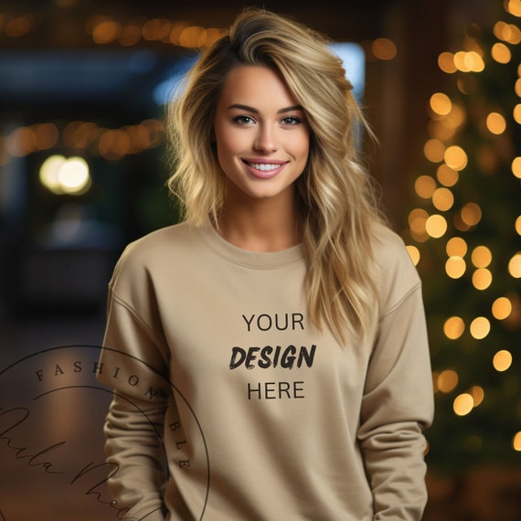 Christmas Mockup Sandstone JERZEES 562MR Mockup Women Beige Christmas  Sweater Mockup Sand Crewneck Lifestyle Christmas Holiday Season Mockup