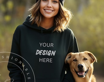 Jet Black AWDIS JH001 Hoodie Mockup Deep Black Pet Parent Golden Retriever Dog Mom Black Hoodie Fall Outdoor Mockup Women Black Beanie Hat