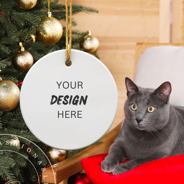 Christmas Pet Ornament Mockup Holiday Blank White Round Ceramic Disc Ornament Christmas Pet Cat Kitty Decoration Christmas Ornament Mockup