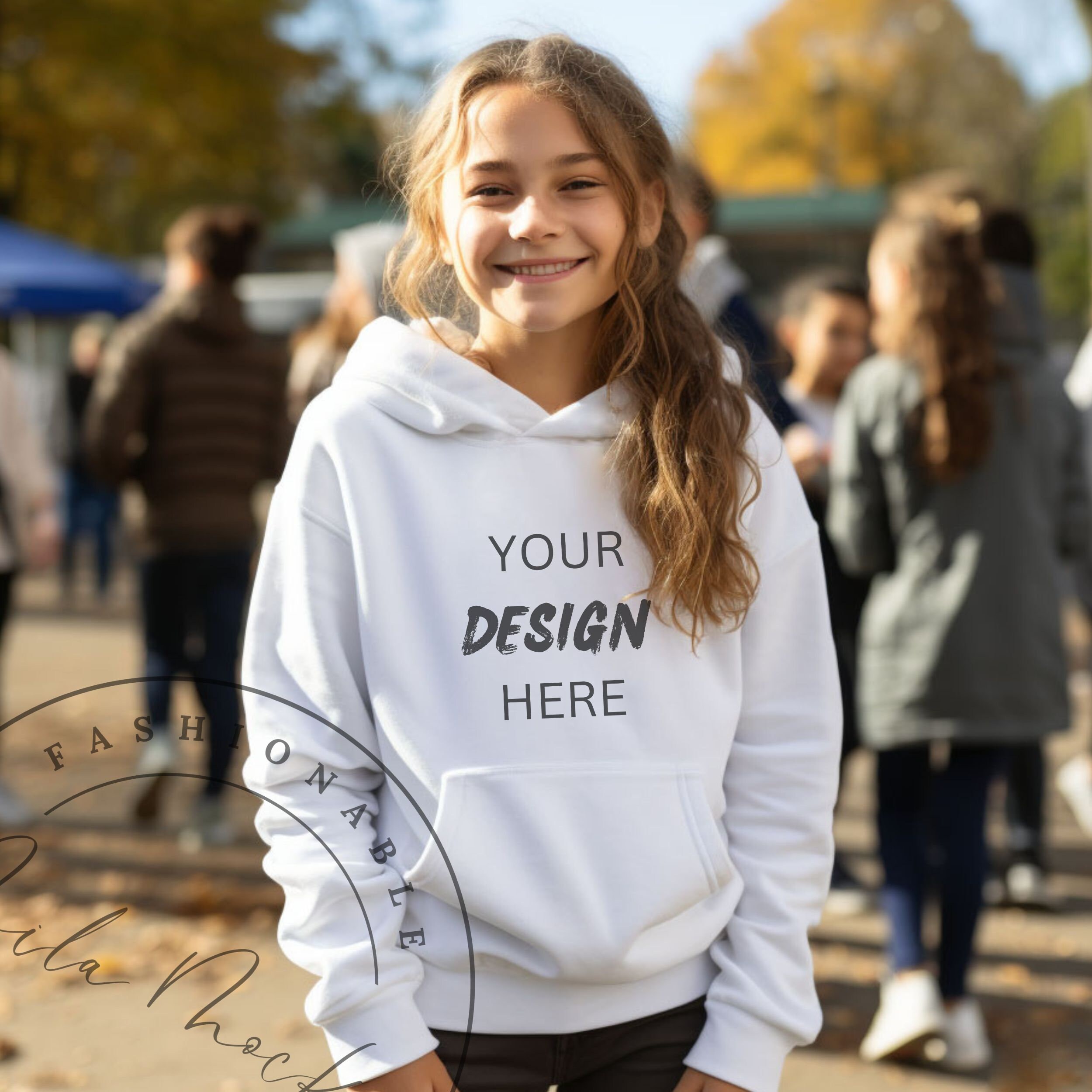 Kids Hoodie Mockup Arctic White AWDIS JH001J Girl Hoodie Mockup School Kids Children White Hoodie Mockup Girl Outdoor Shirt Lifestyle Hoodie