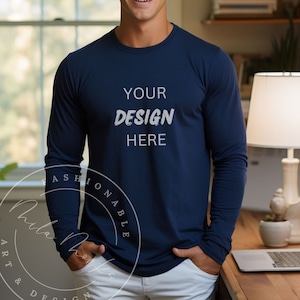 Navy Bella Canvas 3501 Men&#39;s Long Sleeve Shirt Mockup Manly Male Lifestyle Bella 3501 Navy Blue Long Sleeve Shirt Mockup Guy Office Shirt