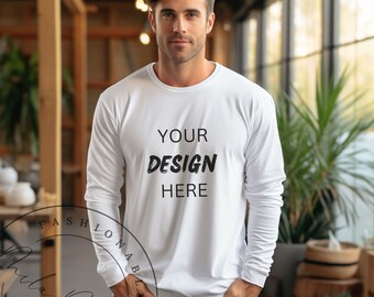 Male Mockup White Gildan 2400 Long Sleeve Cotton Shirt Mockup Manly Man White Gildan 2400 Shirt Male Model Crew Neck Guy Fall TShirt Mockup