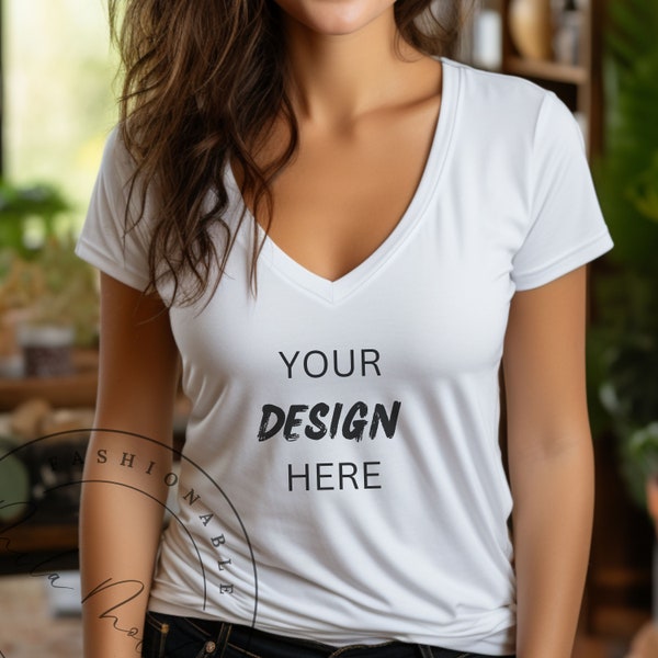 V-Neck Mockup White Women's Gildan 5VOOL V-Neck T-Shirt Mockup Girls Ladies Feminine Lifestyle Mockup White Lifestyle T-Shirt Jeans Mockup