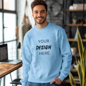Sky Blue Gildan SF000 Mockup Mens Light Blue Sweatshirt Mockup Manly Man Male Guys Lifestyle Casual Blue Sweater Home Office POD Mockup