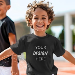 Kids T-Shirt Mockup Black Gildan 5000B Boys Mockup Youth Sport Outdoor Black Tee Mockup School Child Shirt Lifetstyle Diverse Kids Mockup