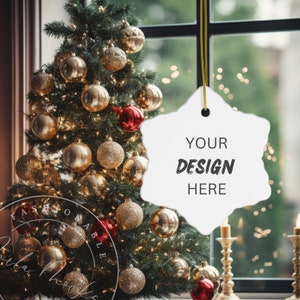 Christmas Snowflake Ornament Mockup Holiday White Snowflake Ceramic PNG JPG Ornament Christmas Tree Decor Ornament Mock-up Wedding Birthday