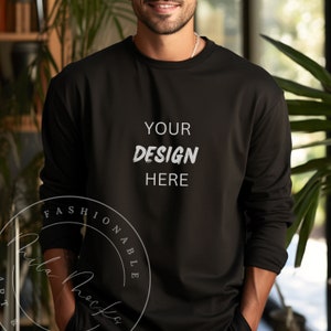 Black Bella Canvas 3501 Men&#39;s Long Sleeve Shirt Mockup Male Model Bella 3501 Long Sleeve Black Tee Mockup Guy Dude Lifestyle Mockup