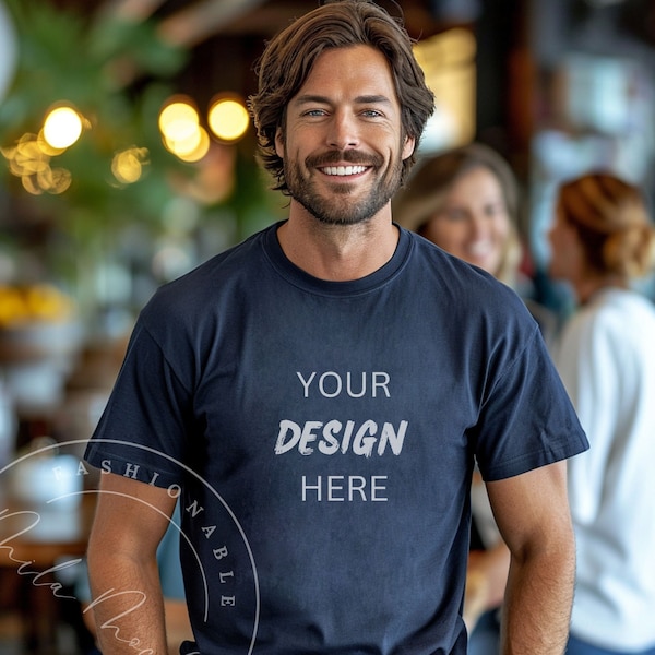 Midnight Comfort Colors 1717 T-Shirt Mens Mockup Manly Male Model Lifestyle Midnight Dark Blue Tee Mockup Fit Guy Comfort Colors Shirt Mock