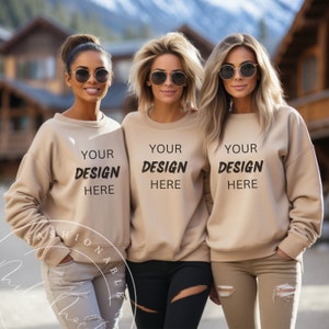 Girls Group Mockup Outdoor Women&#39;s Sand Beige Natural Gildan 18000 Group Mockup Women&#39;s Oversized Beige Mockup Bridesmaids Ladies Mockup