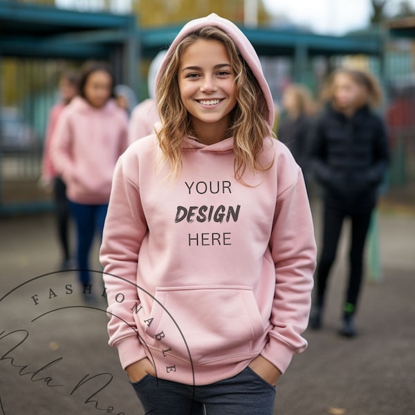 Kids Mockup Light Pink Gildan 18500B/18500 School Girl Hoodie Mockup Teenage Youth Light Pink Hoodie Outdoor Middle High School Girl Mockup