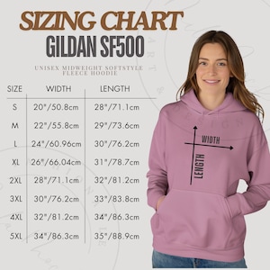 SF500 Gildan Größentabelle Gildan SF500 Hoodie Größentabelle SF500 Hoodie Imperial Metric Messtabelle Mittelgewicht Softstyle Fleece Mockup