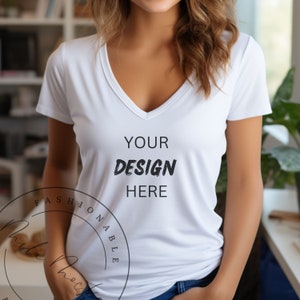V-Neck Mockup White Stanley Stella STTW023 Women's Evoker V-Neck T-Shirt Mockup Elegant Girl Vneck Feminine Girl Ladies Lifestyle Mockup