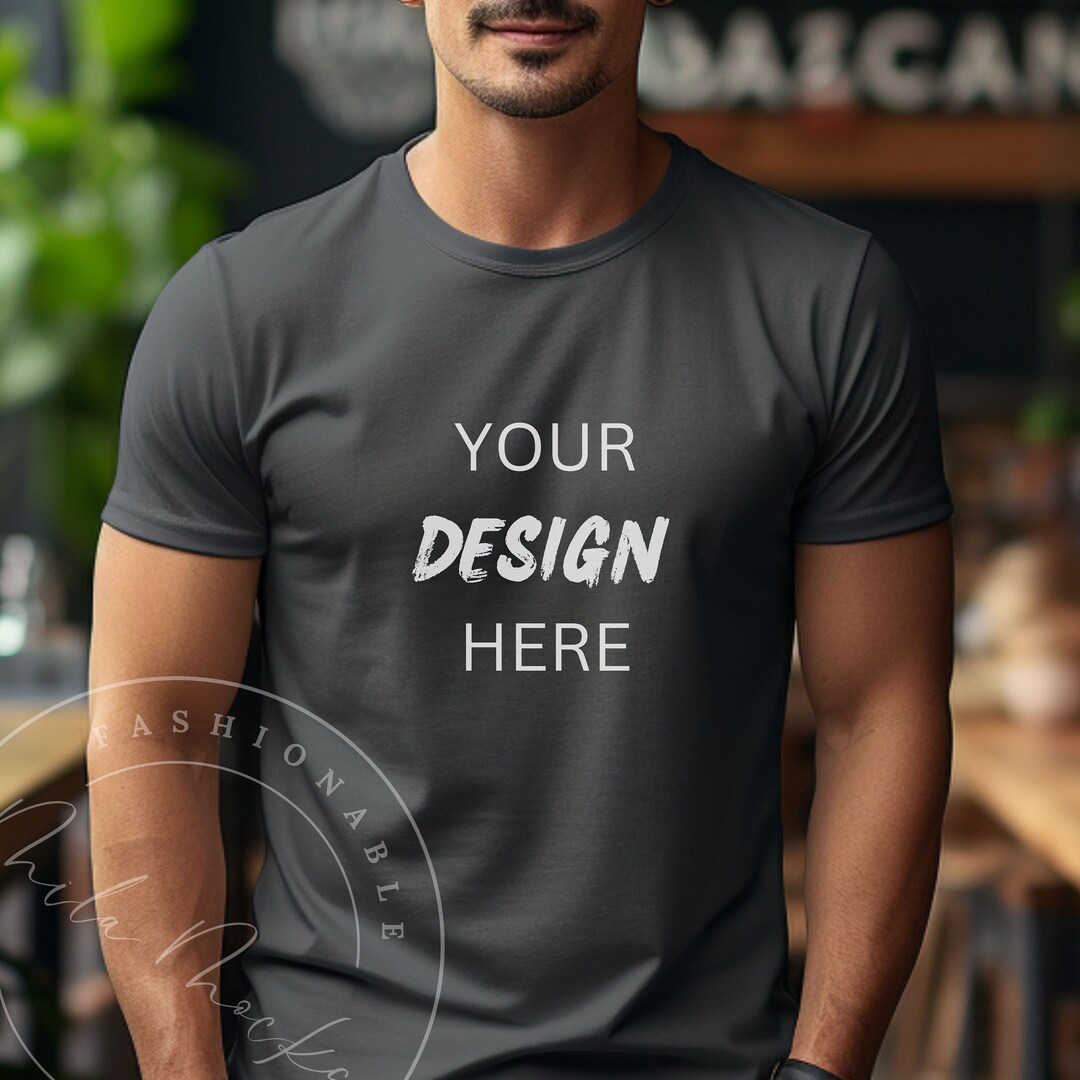 Asphalt Bella Canvas 3001 Men's T-shirt Mockup Male Model Lifestyle ...